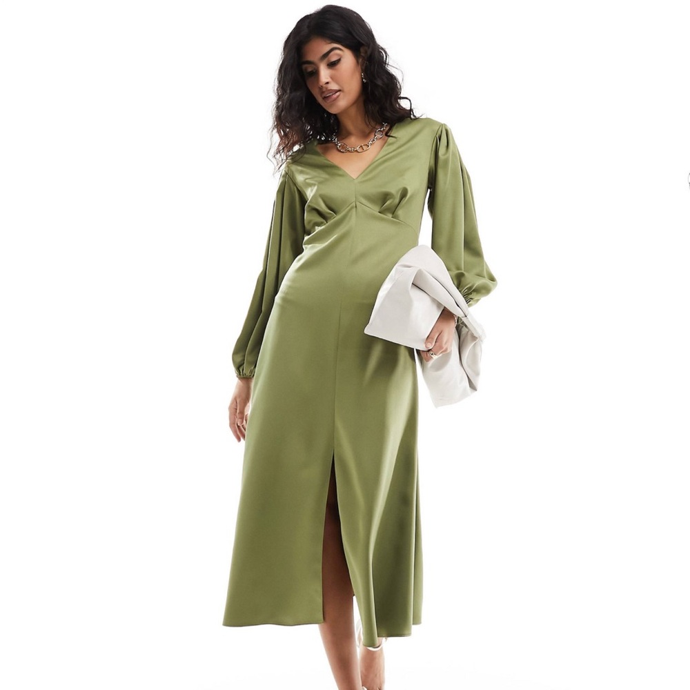 Closet London balloon sleeve midaxi dress in olive - Size 10